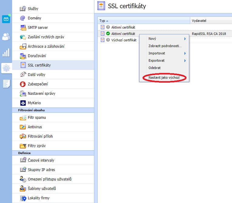 Kerio Connect - nastavení výchozího certifikátu
