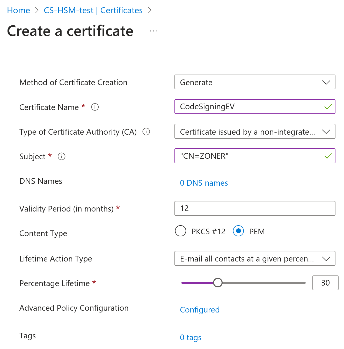 Vytvoření CSR v Azure